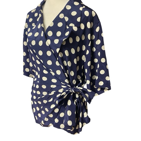 Argent Vintage Navy Polka Dot 100% Silk Wrap Top Size 12 Career Classic Polished - Picture 5 of 9